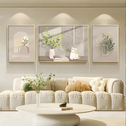 Green Plant Living Room Wall Decor Painting High-grade Atmosphere Sofa Background Wall Flower Triplet Crystal Porcelain Painting