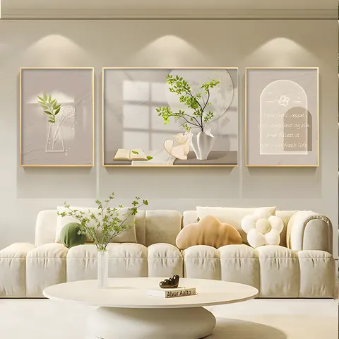 Green Plant Living Room Wall Decor Painting High-grade Atmosphere Sofa Background Wall Flower Triplet Crystal Porcelain Painting