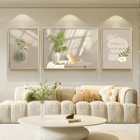 Green Plant Living Room Wall Decor Painting High-grade Atmosphere Sofa Background Wall Flower Triplet Crystal Porcelain Painting