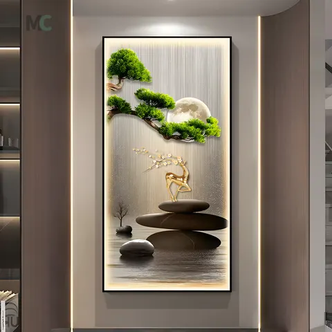 Green Plant Pine Elk Porch Crystal Porcelain Painting Modern High-end Corridor Led Wall Decoration Painting