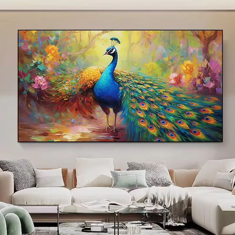Hand-painted Modern High Sense of Seven Color Oil Peacock Hanging Picture TV Background Wall Art Home Decor Painting