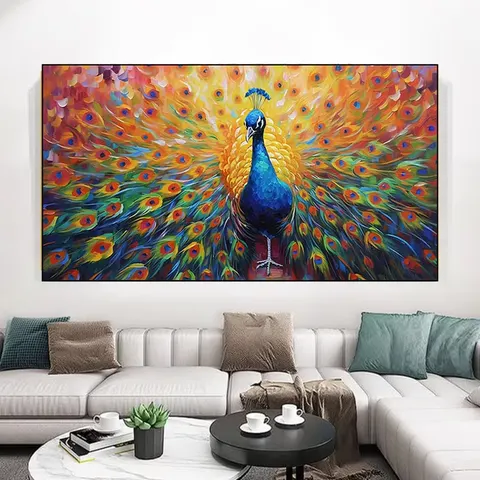 Hand-painted Modern High Sense of Seven Color Oil Peacock Hanging Picture TV Background Wall Art Home Decor Painting