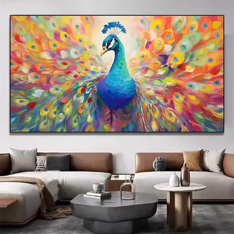 Hand-painted Modern High Sense of Seven Color Oil Peacock Hanging Picture TV Background Wall Art Home Decor Painting