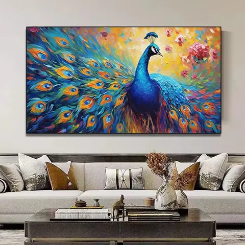 Hand-painted Modern High Sense of Seven Color Oil Peacock Hanging Picture TV Background Wall Art Home Decor Painting