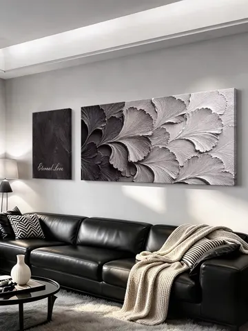 Handmade 3D Stereo Sandstone Texture Framed Canvas Wall Art 2 Panels Ginkgo Leaf Abstract Black Grey White Painting Living Room
