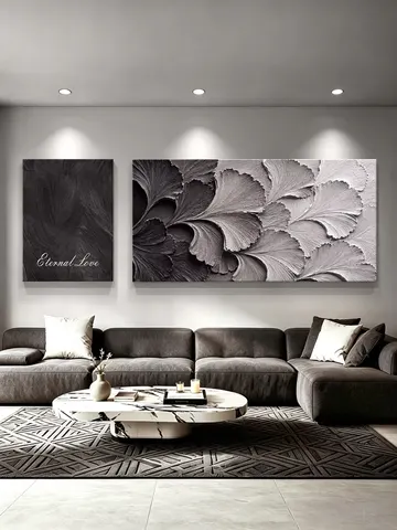 银杏 两联 装饰画 高级灰 客厅背景墙挂画 砂岩浮雕