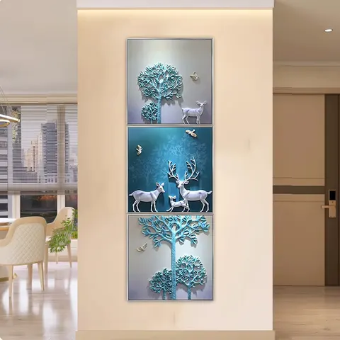 Handmade Production Living Room Sofa Background Wall 3D Stereoscopic Relief Elk Triptych Art Decor Paintings