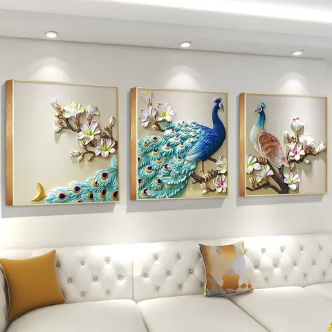 Handmade Production Peacock Relief Sculpture Wall Decor PaintingThree-connection Combination Atmosphere Art Decor Painting