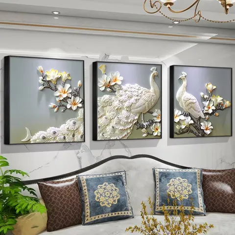 孔雀 单幅 装饰画 现代简约 客厅背景墙挂画 砂岩浮雕