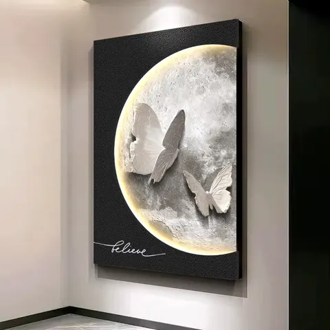 Handmade Production Sandstone Art Home Decoration Wall Art Sofa Background Wall Moon Butterfly LED Decor Painting