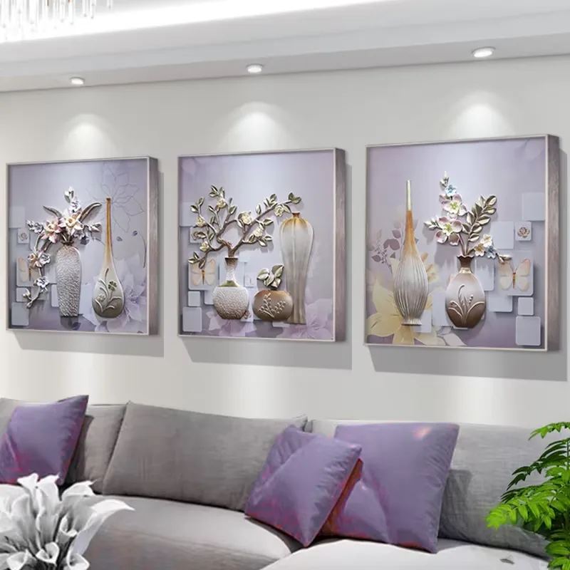 Handmade Relief Triple Decorative Paintings Flowers Bloom in Midsummer Couch Background Wall Art Decor Paintings