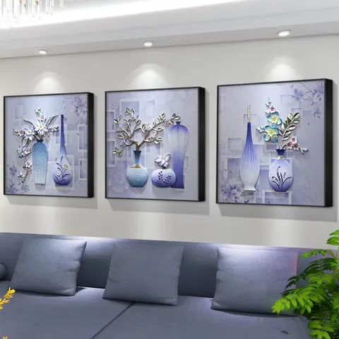 Handmade Relief Triple Decorative Paintings Flowers Bloom in Midsummer Couch Background Wall Art Decor Paintings