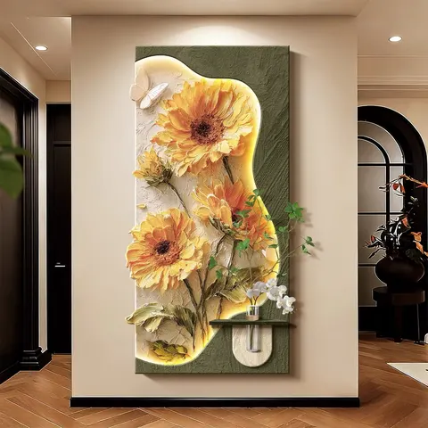 Handmade Sandstone Canvas LED Sunflower Textured Wall Hanging Modern Porch Living Room Wall Decor Artwork