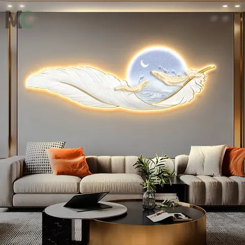 High End Luxury Irregular Shape Sofa Background Feather Painting and Wall Art LED Light Painting Home Decoration