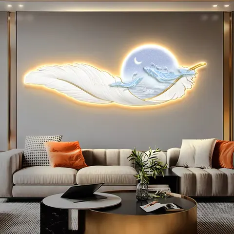 羽毛 单幅 装饰画 轻奢风 客厅背景墙挂画 LED带灯画