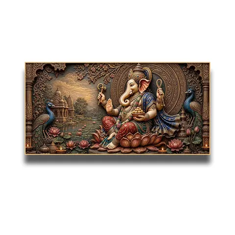 Horizontal Decorative Painting of Ganesha, the Elephant-Headed God | Indian Ganesha Wall Art