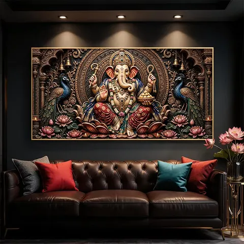 Horizontal Decorative Painting of Ganesha, the Elephant-Headed God | Indian Ganesha Wall Art