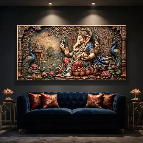 Horizontal Decorative Painting of Ganesha, the Elephant-Headed God | Indian Ganesha Wall Art