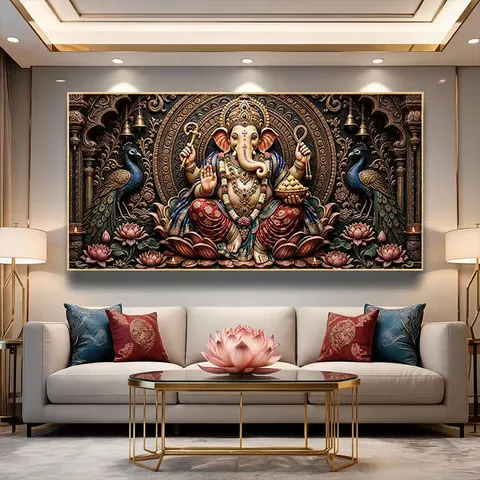 Horizontal Decorative Painting of Ganesha, the Elephant-Headed God | Indian Ganesha Wall Art