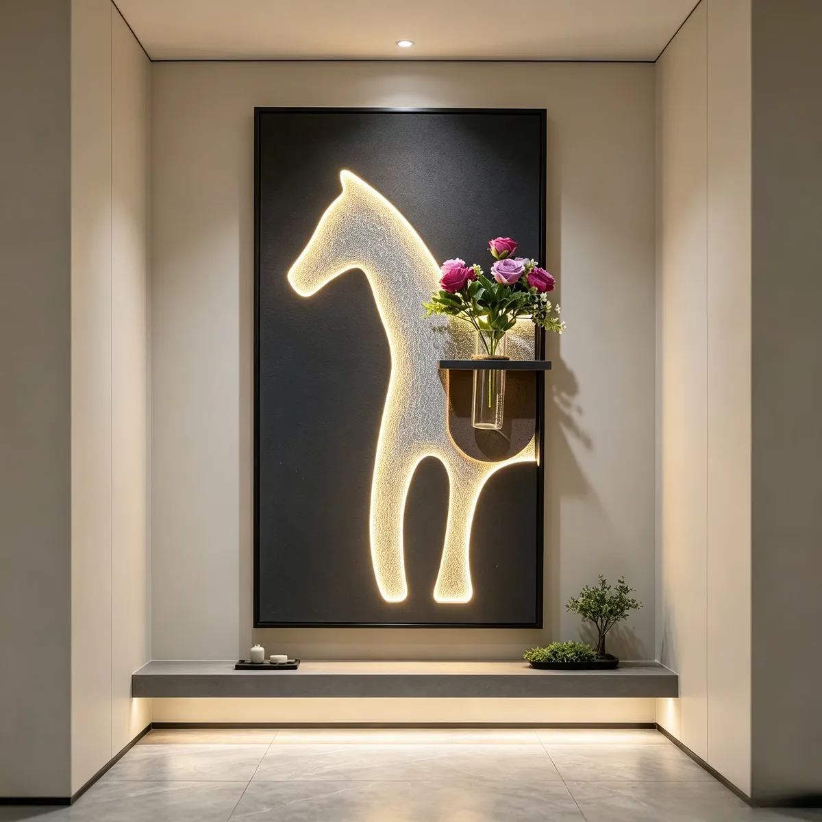 Horse Shape LED Decorative Painting, LED Wall Art With Flower Vase, Illuminated Wall Picture for Entryway Home Decoration