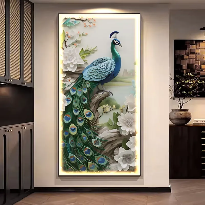 孔雀 单幅 装饰画 轻奢风 客厅背景墙挂画 LED带灯画