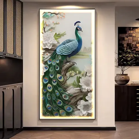 Hot Sale Luxury Peacock Painting Wall Art Painting Wholesale Animals with LED Lights Aluminum Frame Pictures Wall Art Home Decor