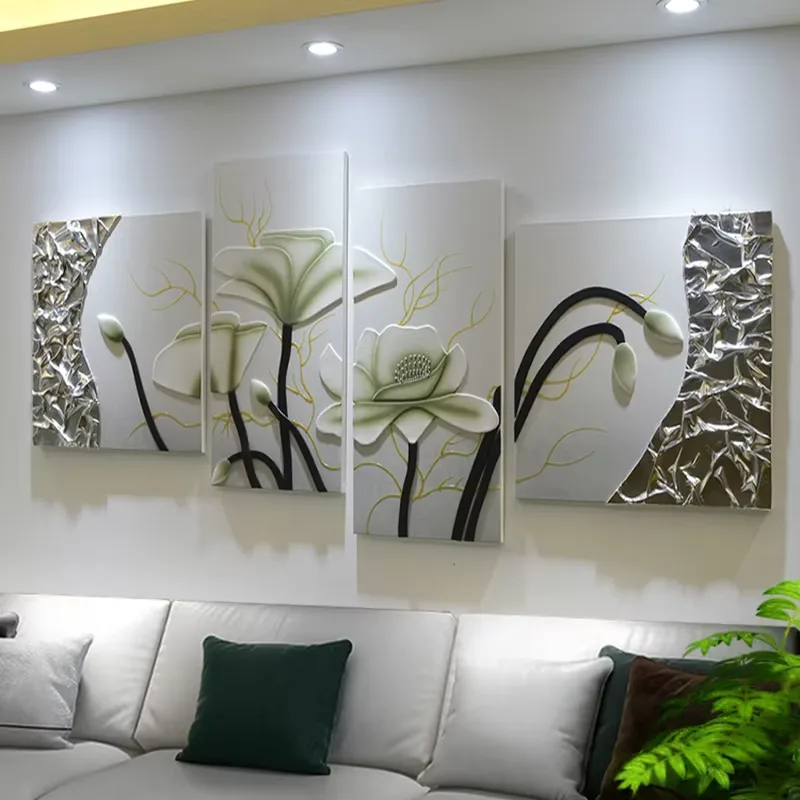 Hot Sell Upscale Living Room Sofa Background Wall Art Lotus Leather Home Decor Painting Combination Stereoscopic Mural