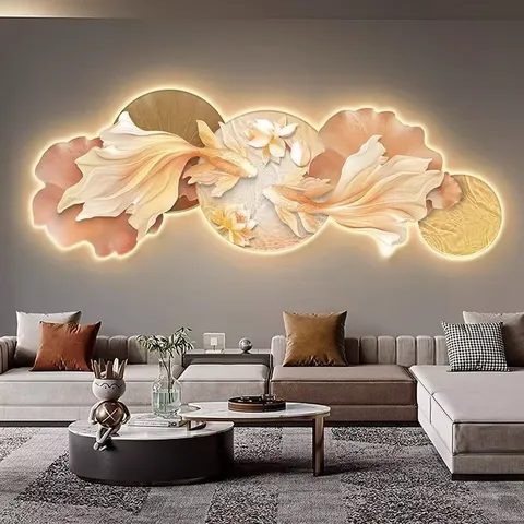 Hot Selling 2026 Koi Lotus Art Decor LED Glow Light Painting Uv Cutting Wall Art Home Decor Painting
