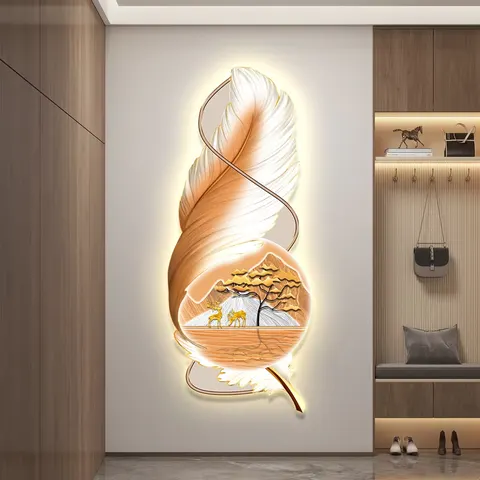 Hot-selling Feather Art Home Furnishing Decorative Painting Corridor Background Wall Crystal Porcelain Luminous LED Painting