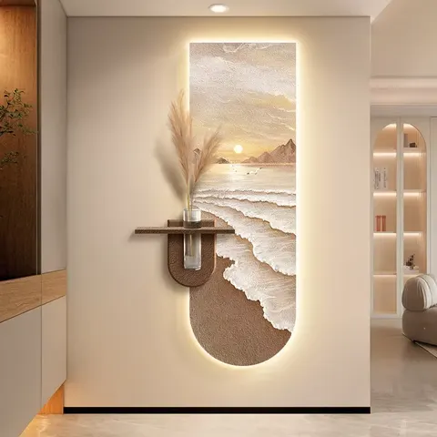 Hydroponic Plants Sandstone Fabric Art Home Decor Painting the Sea Scenery LED Decor Painting