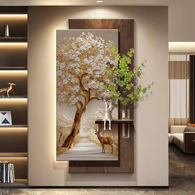 Hydroponic Plants Sandstone Fabric Art Home Decor Painting Elk Plum Blossom Glowed LED Decor Painting
