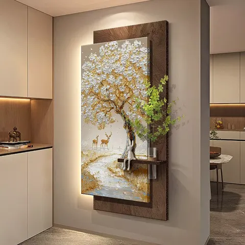 Hydroponic Plants Sandstone Fabric Art Home Decor Painting Elk Plum Blossom Glowed LED Decor Painting