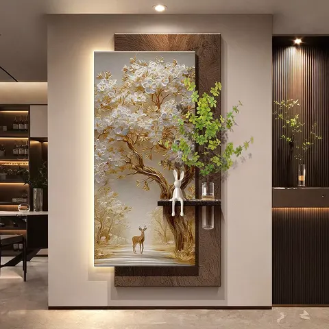 Hydroponic Plants Sandstone Fabric Art Home Decor Painting Elk Plum Blossom Glowed LED Decor Painting