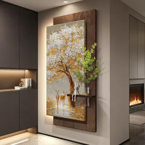 Hydroponic Plants Sandstone Fabric Art Home Decor Painting Elk Plum Blossom Glowed LED Decor Painting