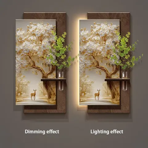 Hydroponic Plants Sandstone Fabric Art Home Decor Painting Elk Plum Blossom Glowed LED Decor Painting