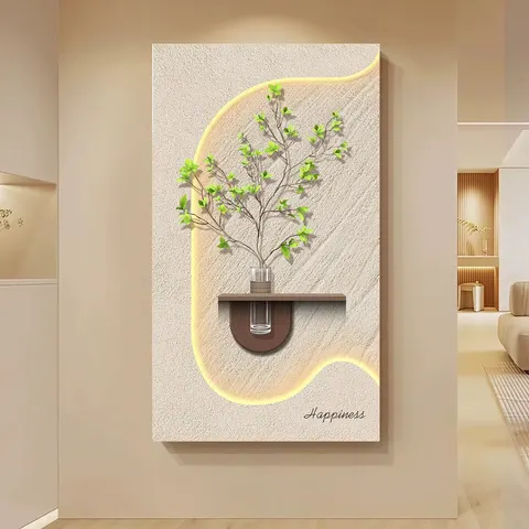 Hydroponics Green Plants Sandstone Fabric Art Home Decor Painting Entrance Hall LED Wall Painting
