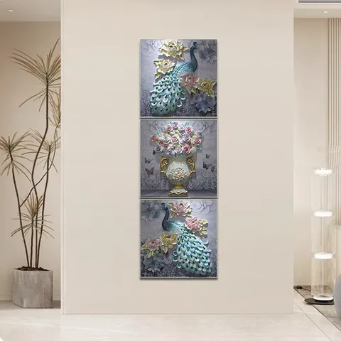 Innovation Handmade Production Living Room Sofa Background Wall 3D Stereoscopic Relief Peacock Triptych Art Decor Paintings