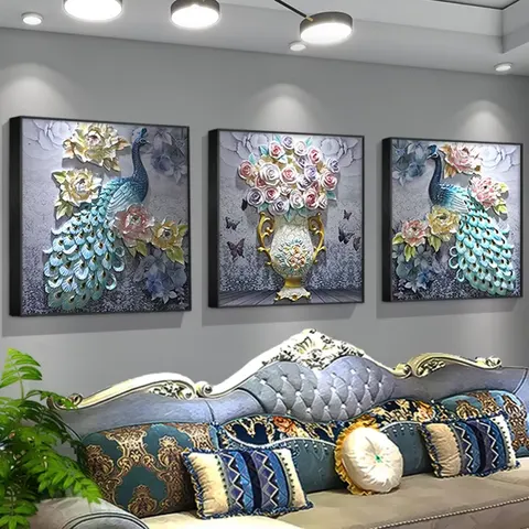 孔雀 三联 装饰画 现代简约 客厅背景墙挂画 砂岩浮雕