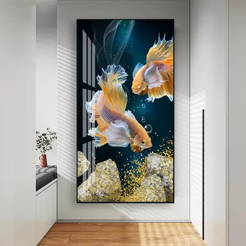 Koi Crystal Porcelain Hanging Painting Light Luxury Entrance Vertical Corridor Betta Fish Phoenix Fish Art Home Mural