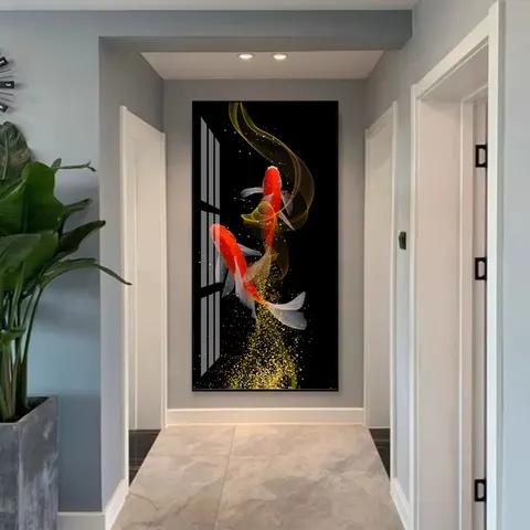 Koi Crystal Porcelain Hanging Painting Light Luxury Entrance Vertical Corridor Betta Fish Phoenix Fish Art Home Mural