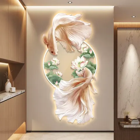 锦鲤 单幅 装饰画 现代简约 客厅背景墙挂画 LED带灯画