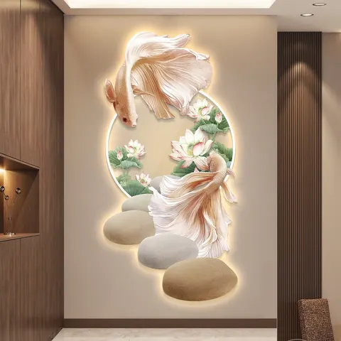 锦鲤 单幅 装饰画 现代简约 客厅背景墙挂画 LED带灯画