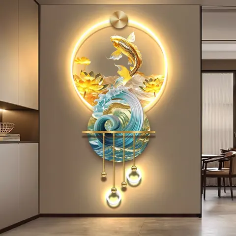 Koi Fish Entrance Hall Art Home Decor Paintings Metal Pendant Acrylic LED Paintings