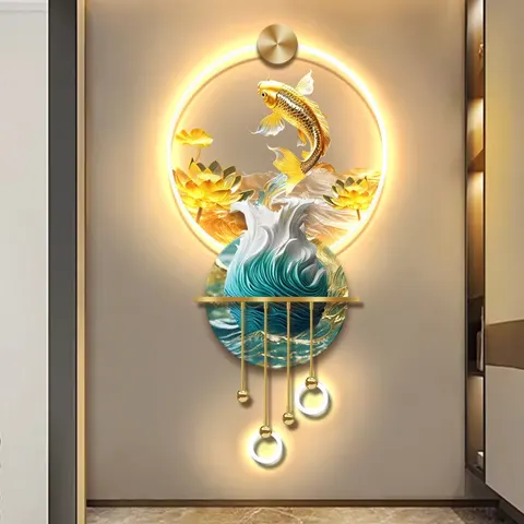 Koi Fish Entrance Hall Art Home Decor Paintings Metal Pendant Acrylic LED Paintings