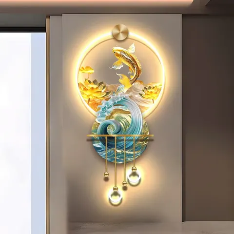 Koi Fish Entrance Hall Art Home Decor Paintings Metal Pendant Acrylic LED Paintings