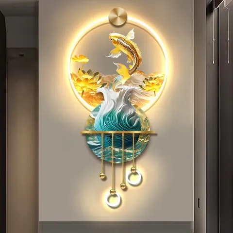 Koi Fish Entrance Hall Art Home Decor Paintings Metal Pendant Acrylic LED Paintings