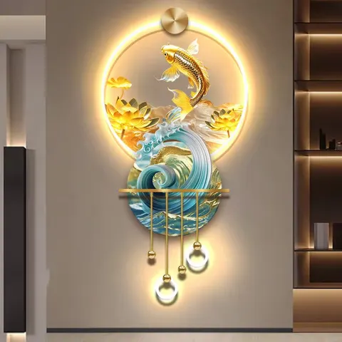 Koi Fish Entrance Hall Art Home Decor Paintings Metal Pendant Acrylic LED Paintings