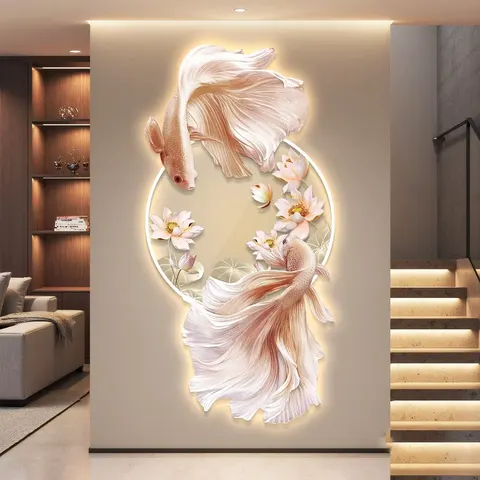 Koi Fish Lotus  Art Home Decor Painting Corridor Background Wall UV Engraving Acrylic LED Painting