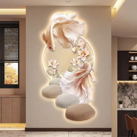 Koi Fish Lotus  Art Home Decor Painting Corridor Background Wall UV Engraving Acrylic LED Painting
