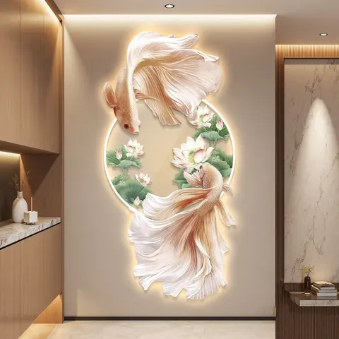 Koi Fish Lotus  Art Home Decor Painting Corridor Background Wall UV Engraving Acrylic LED Painting